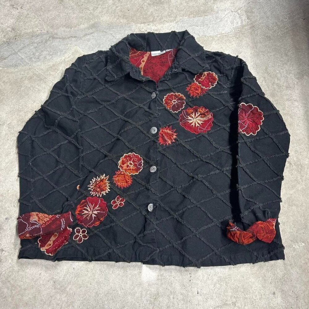 Fashion Bug Button Up Jacket Black Floral Embroidered Patchwork